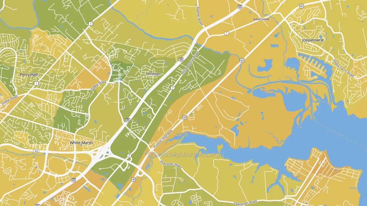 Map of the best neighborhoods in the 21162 area, with better matches in green and worse matches in red