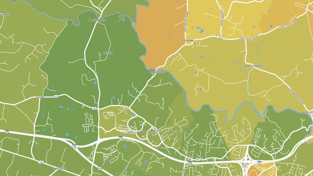 Map of the best neighborhoods in the 21163 area, with better matches in green and worse matches in red