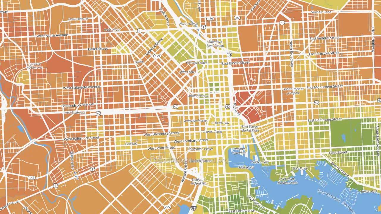 Map of the best neighborhoods in the 21201 area, with better matches in green and worse matches in red
