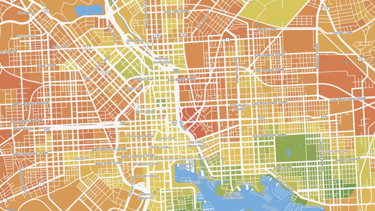 Map of the best neighborhoods in the 21202 area, with better matches in green and worse matches in red