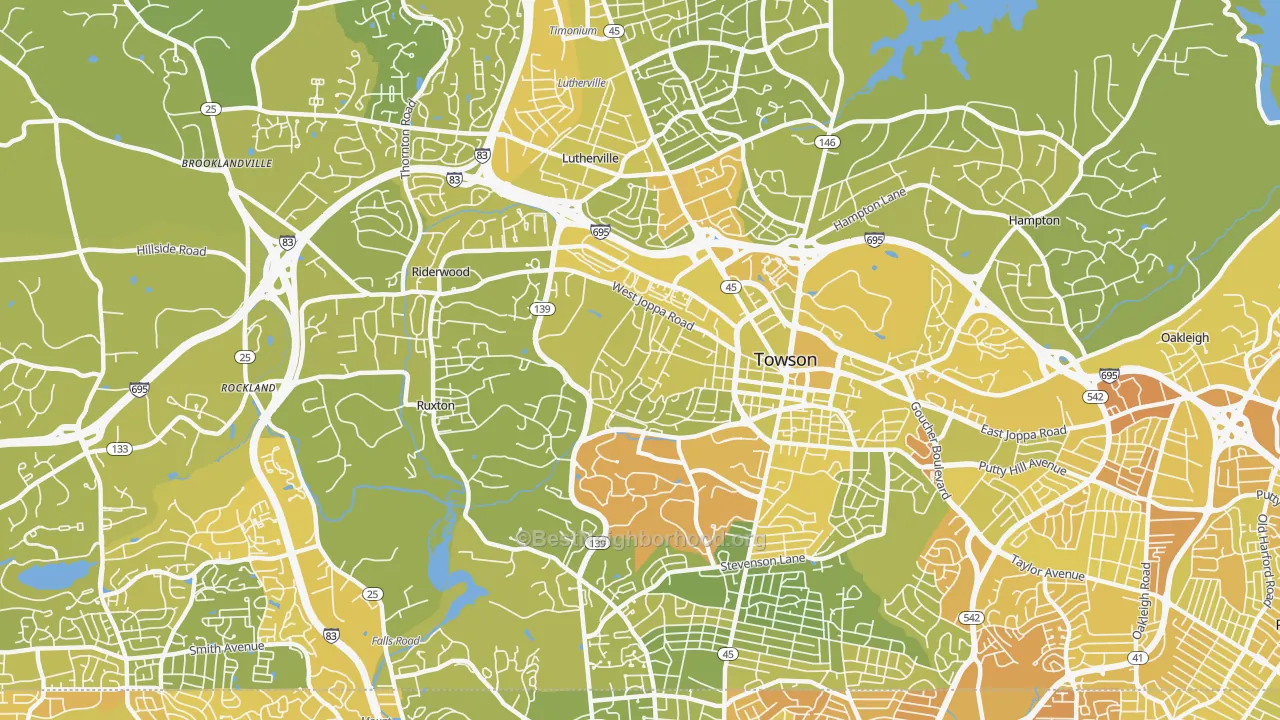 Map of the best neighborhoods in the 21204 area, with better matches in green and worse matches in red