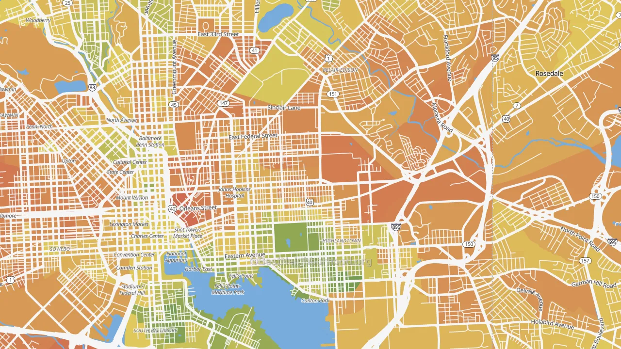 Map of the best neighborhoods in the 21205 area, with better matches in green and worse matches in red