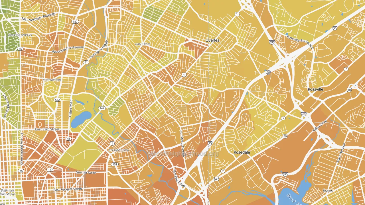 Map of the best neighborhoods in the 21206 area, with better matches in green and worse matches in red