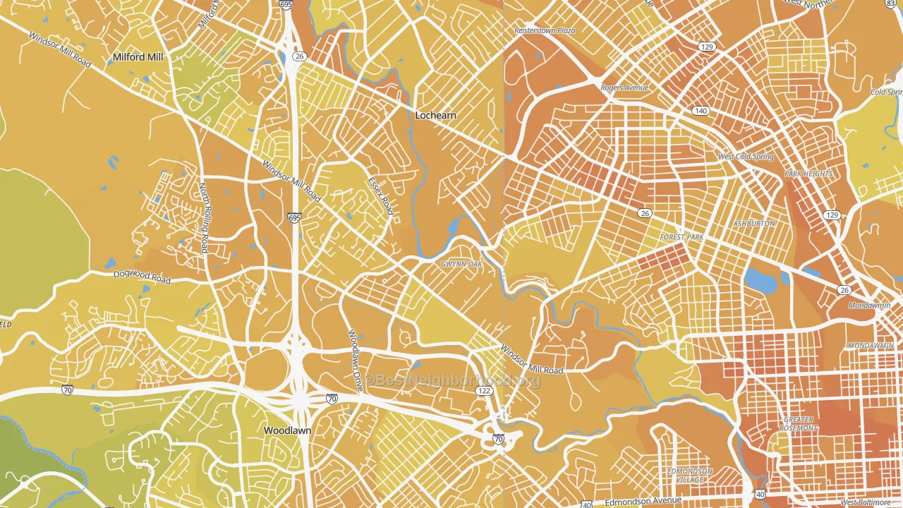 Map of the best neighborhoods in the 21207 area, with better matches in green and worse matches in red