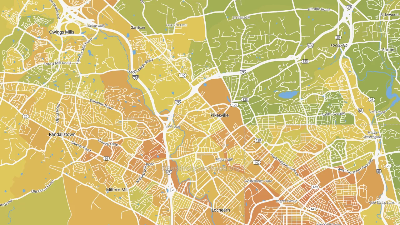 Map of the best neighborhoods in the 21208 area, with better matches in green and worse matches in red