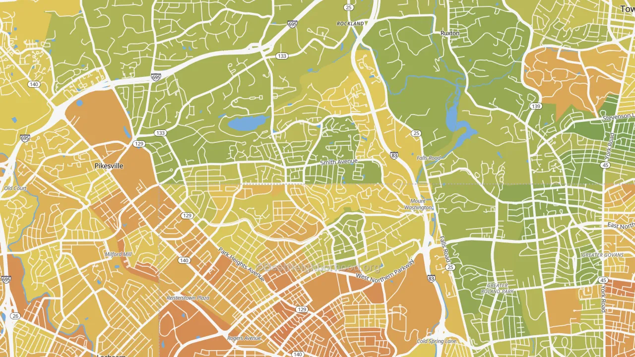 Map of the best neighborhoods in the 21209 area, with better matches in green and worse matches in red