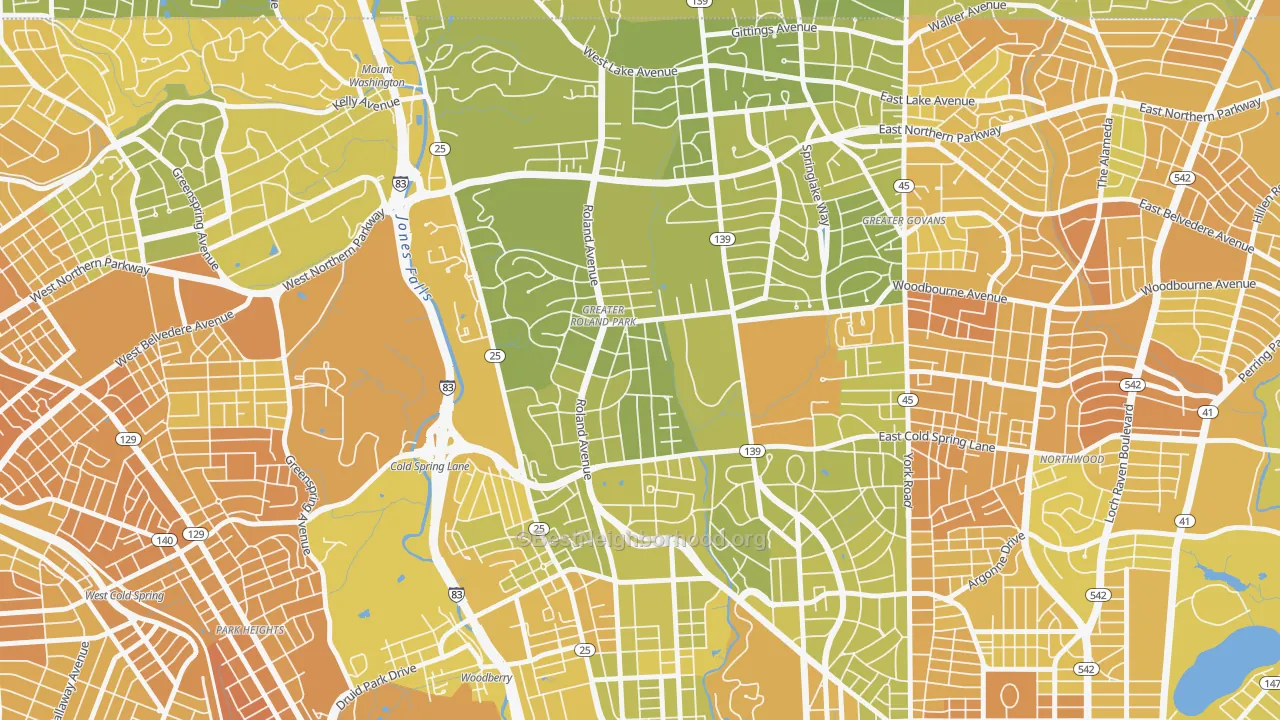 Map of the best neighborhoods in the 21210 area, with better matches in green and worse matches in red