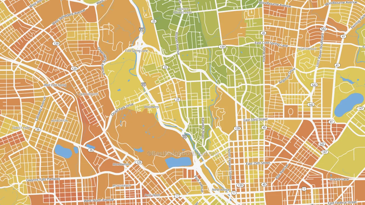 Map of the best neighborhoods in the 21211 area, with better matches in green and worse matches in red