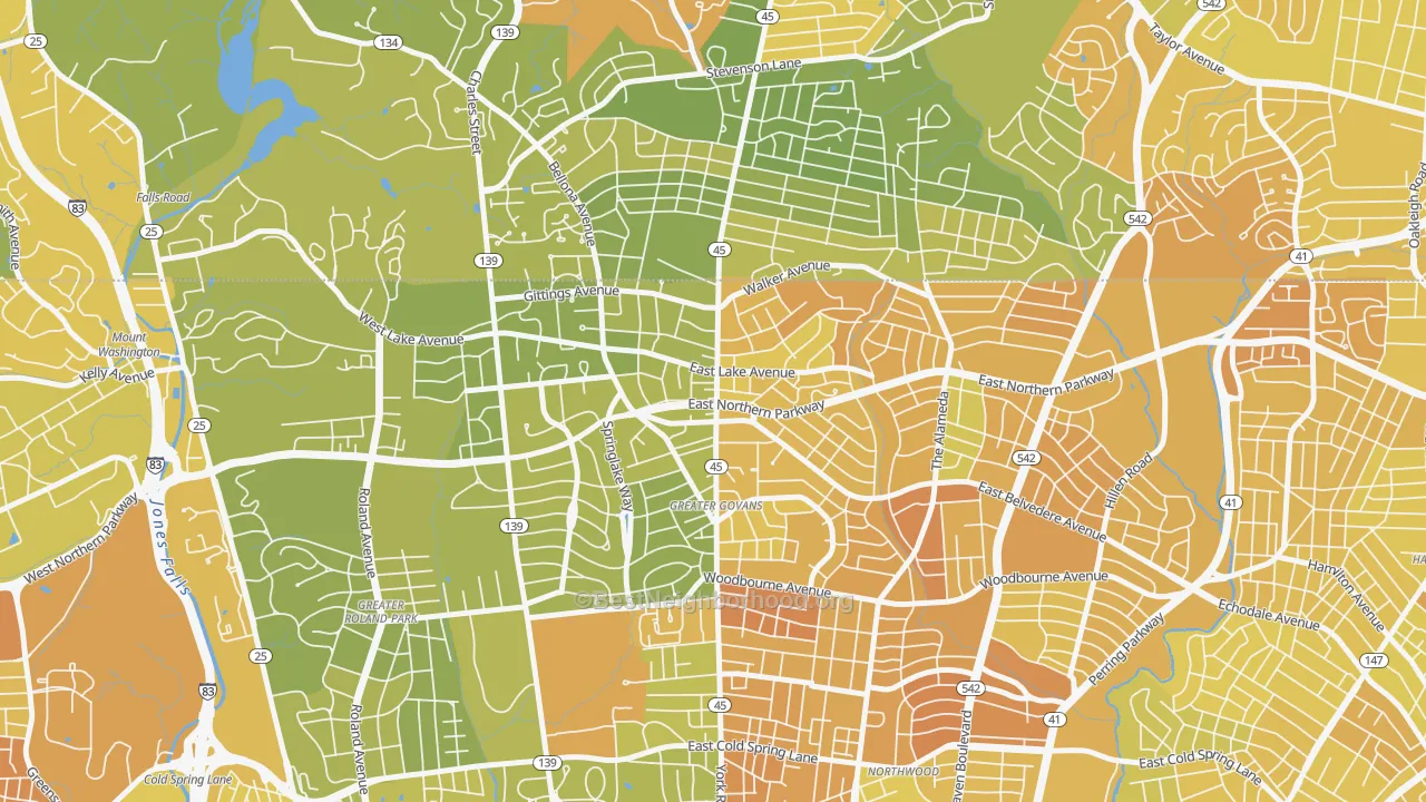 Map of the best neighborhoods in the 21212 area, with better matches in green and worse matches in red