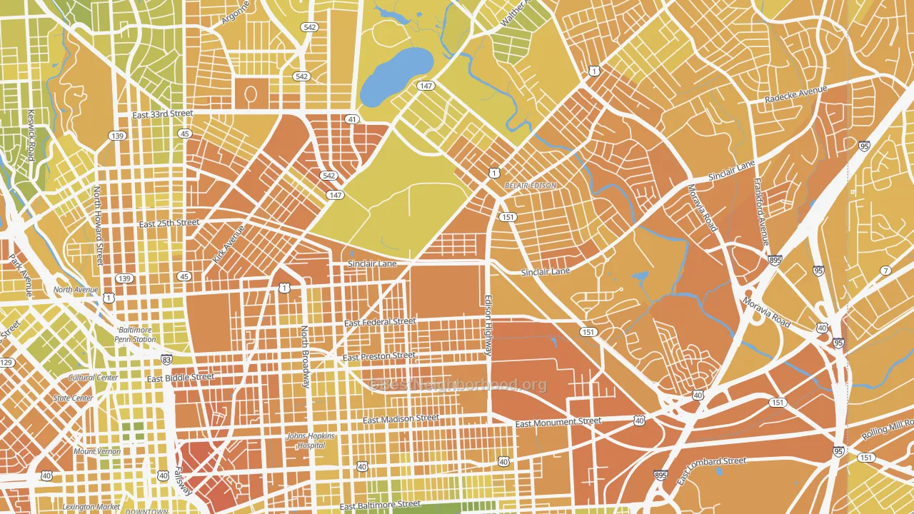 Map of the best neighborhoods in the 21213 area, with better matches in green and worse matches in red
