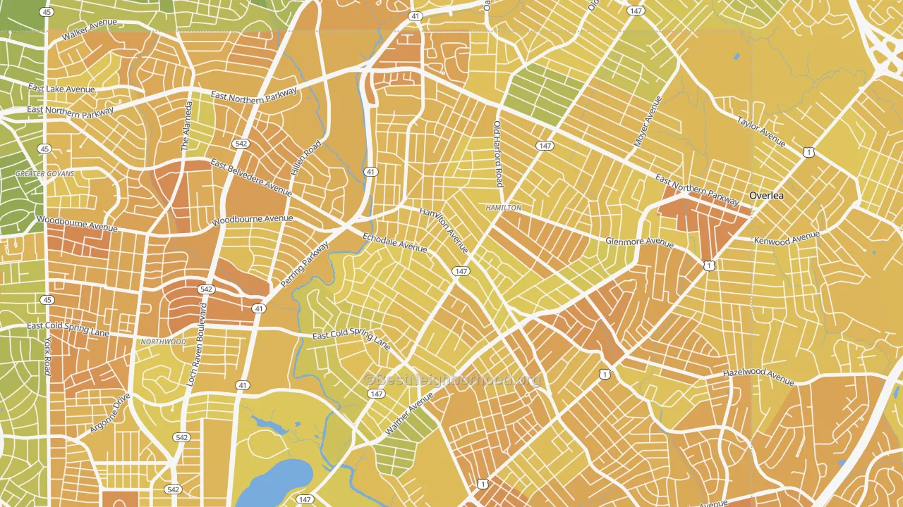 Map of the best neighborhoods in the 21214 area, with better matches in green and worse matches in red