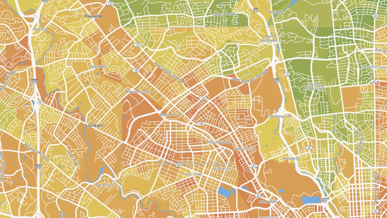 Map of the best neighborhoods in the 21215 area, with better matches in green and worse matches in red
