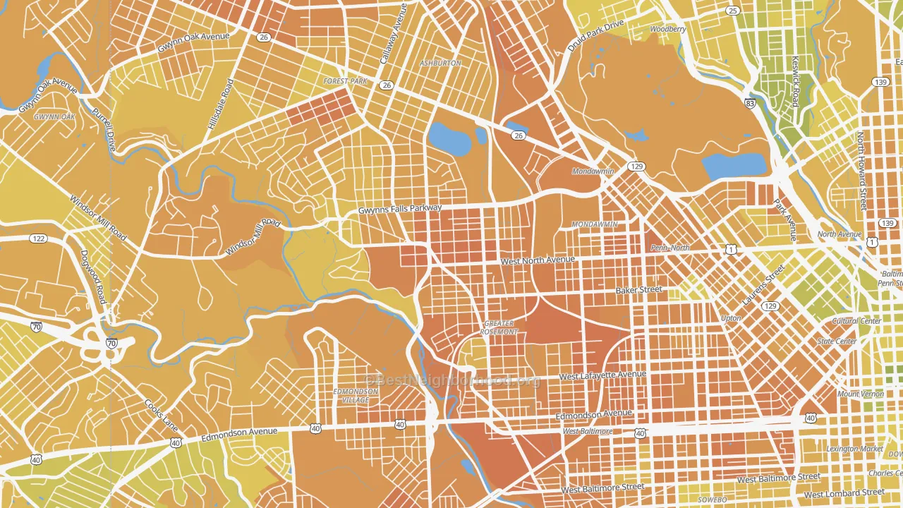 Map of the best neighborhoods in the 21216 area, with better matches in green and worse matches in red