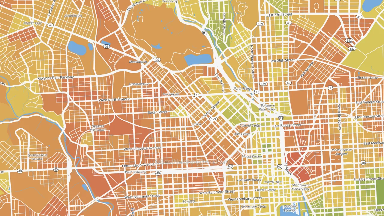 Map of the best neighborhoods in the 21217 area, with better matches in green and worse matches in red