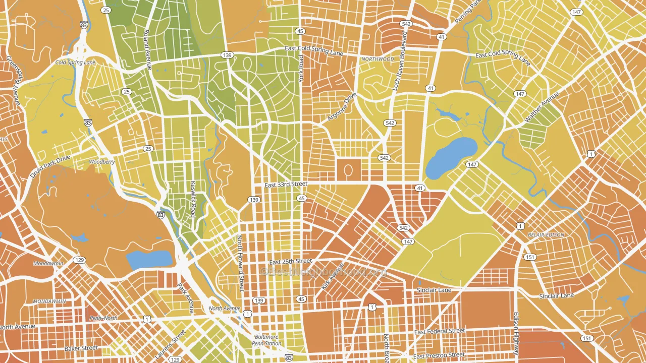 Map of the best neighborhoods in the 21218 area, with better matches in green and worse matches in red