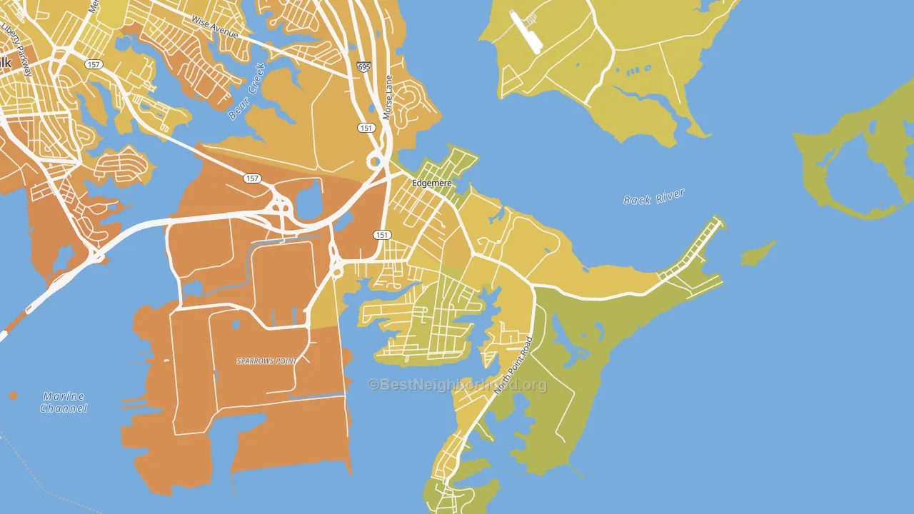 Map of the best neighborhoods in the 21219 area, with better matches in green and worse matches in red