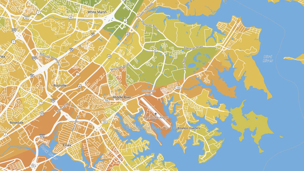 Map of the best neighborhoods in the 21220 area, with better matches in green and worse matches in red