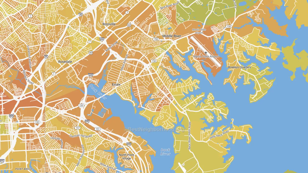 Map of the best neighborhoods in the 21221 area, with better matches in green and worse matches in red