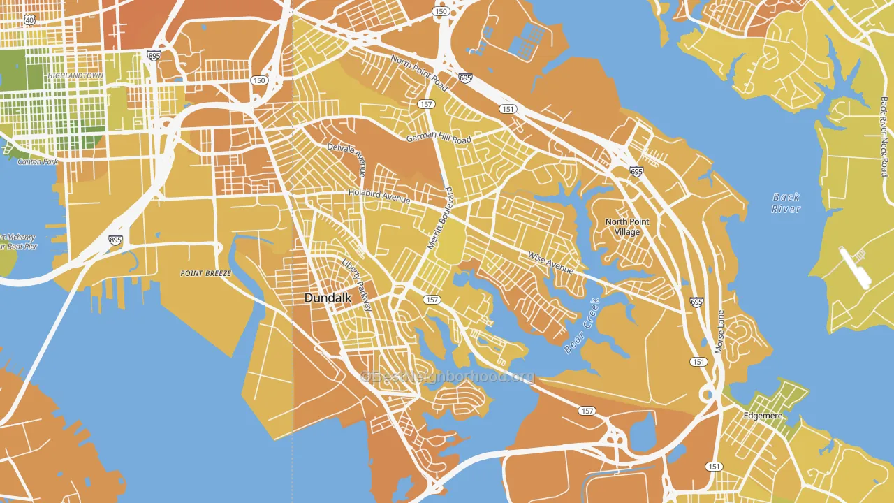 Map of the best neighborhoods in the 21222 area, with better matches in green and worse matches in red