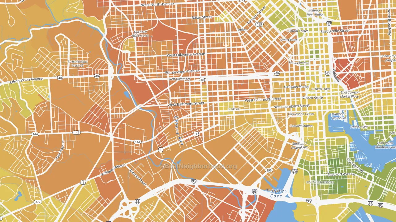 Map of the best neighborhoods in the 21223 area, with better matches in green and worse matches in red