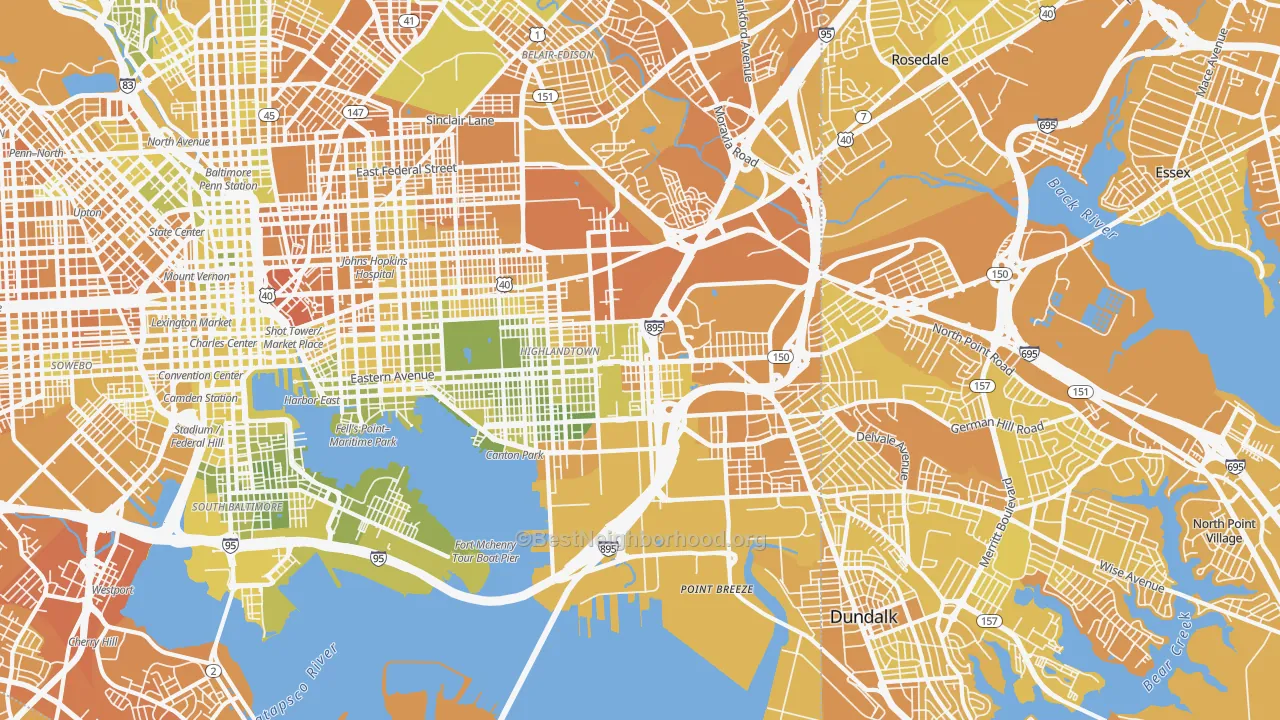 Map of the best neighborhoods in the 21224 area, with better matches in green and worse matches in red