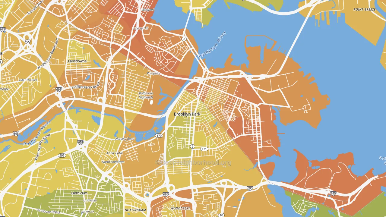 Map of the best neighborhoods in the 21225 area, with better matches in green and worse matches in red