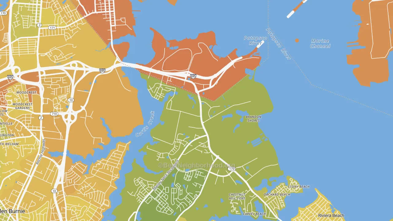 Map of the best neighborhoods in the 21226 area, with better matches in green and worse matches in red