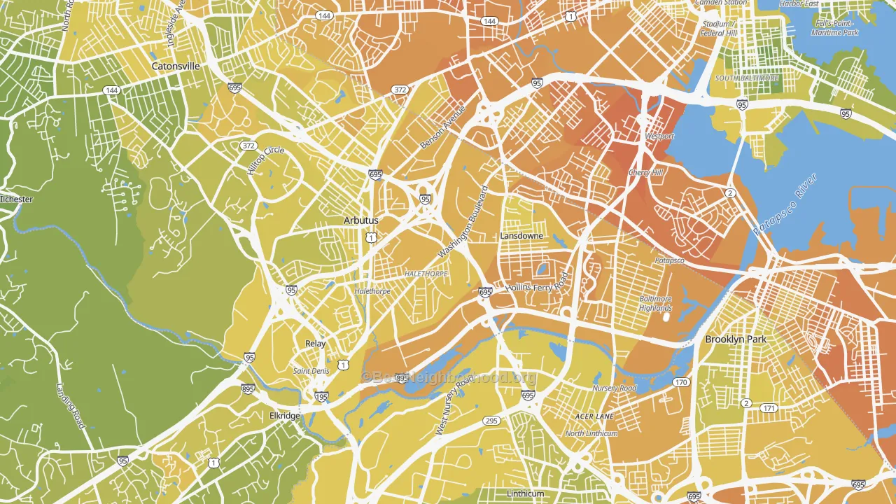 Map of the best neighborhoods in the 21227 area, with better matches in green and worse matches in red
