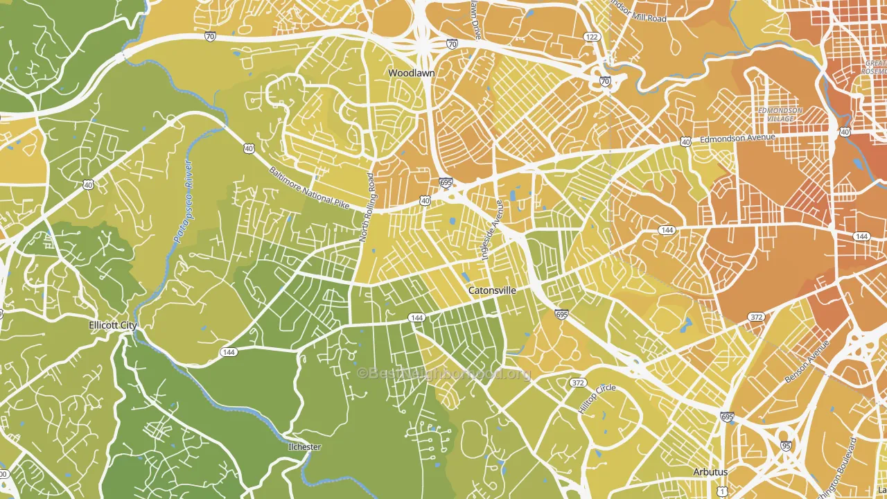 Map of the best neighborhoods in the 21228 area, with better matches in green and worse matches in red