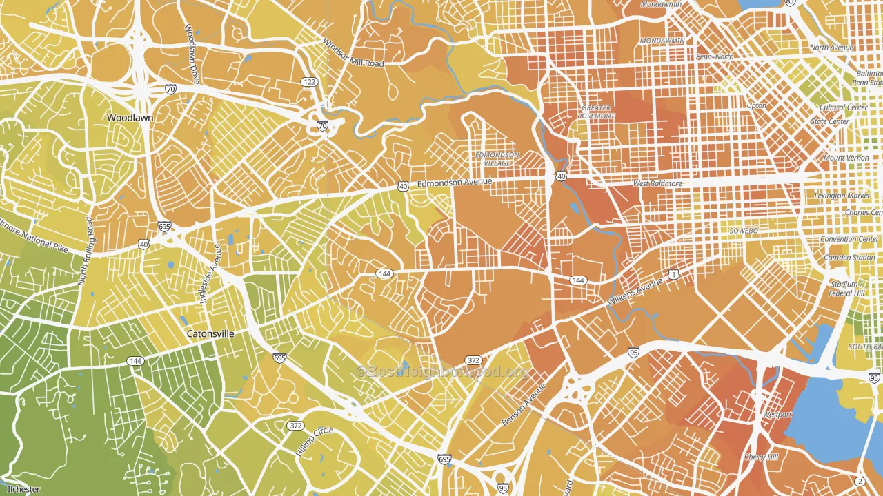 Map of the best neighborhoods in the 21229 area, with better matches in green and worse matches in red