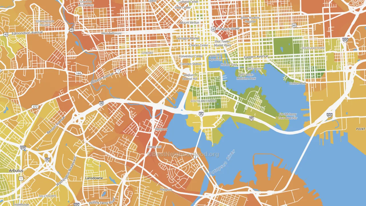 Map of the best neighborhoods in the 21230 area, with better matches in green and worse matches in red
