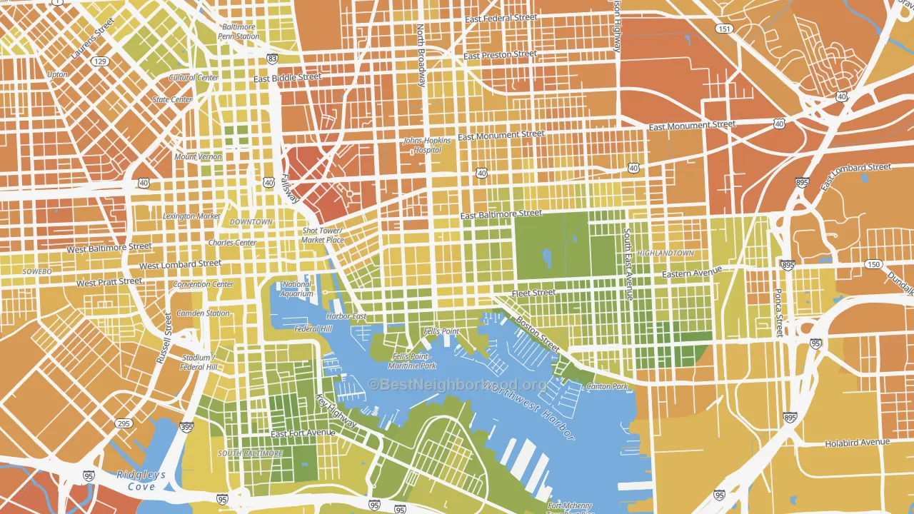 Map of the best neighborhoods in the 21231 area, with better matches in green and worse matches in red
