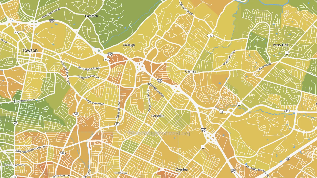 Map of the best neighborhoods in the 21234 area, with better matches in green and worse matches in red