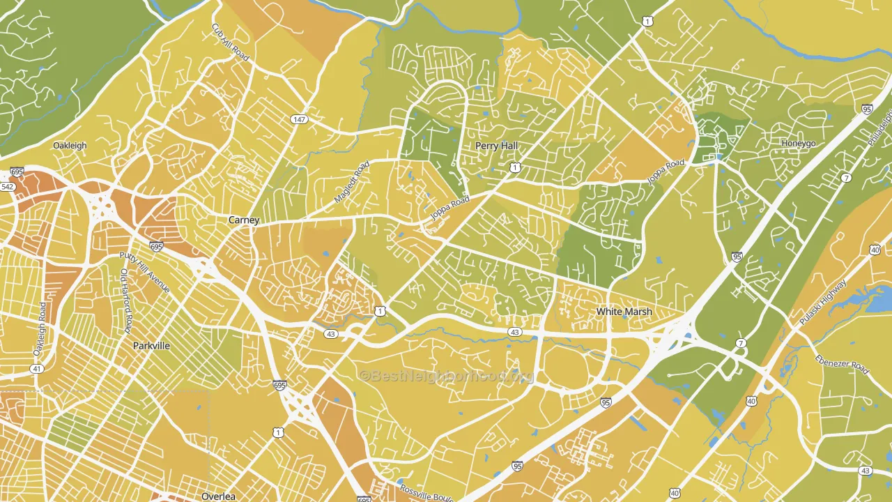 Map of the best neighborhoods in the 21236 area, with better matches in green and worse matches in red