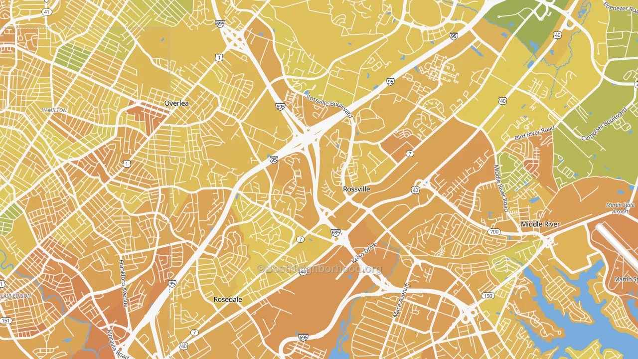 Map of the best neighborhoods in the 21237 area, with better matches in green and worse matches in red