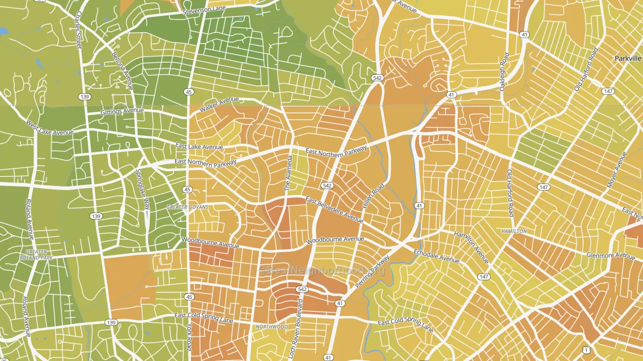 Map of the best neighborhoods in the 21239 area, with better matches in green and worse matches in red