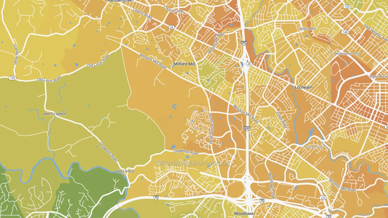 Map of the best neighborhoods in the 21244 area, with better matches in green and worse matches in red