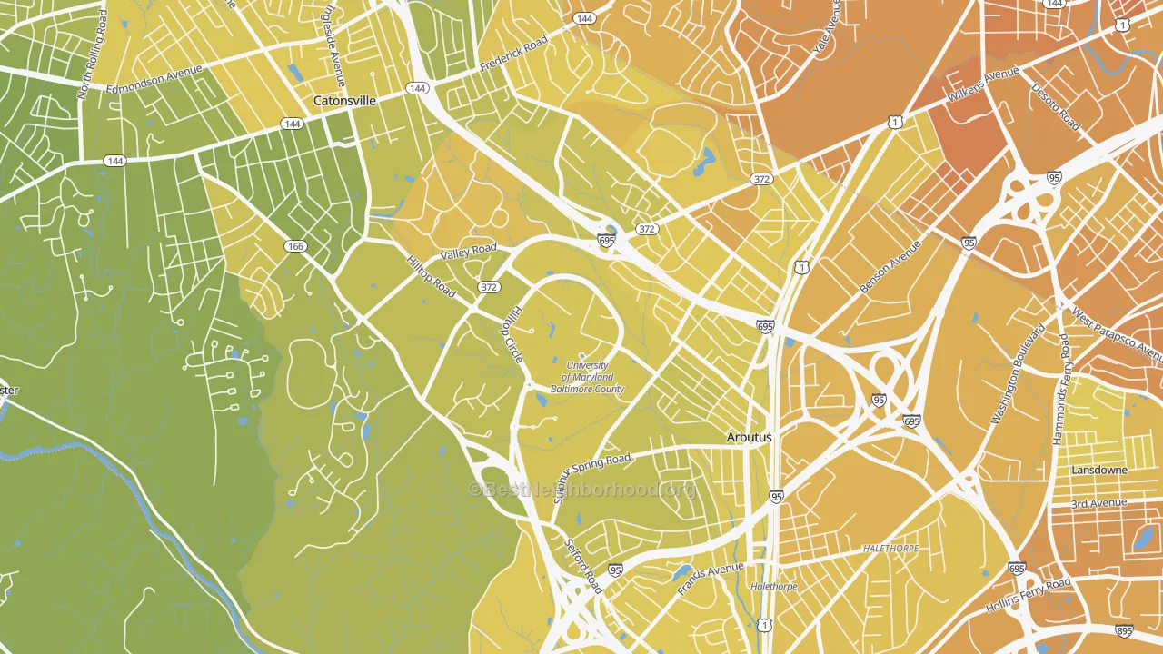 Map of the best neighborhoods in the 21250 area, with better matches in green and worse matches in red
