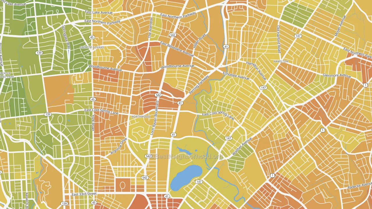 Map of the best neighborhoods in the 21251 area, with better matches in green and worse matches in red
