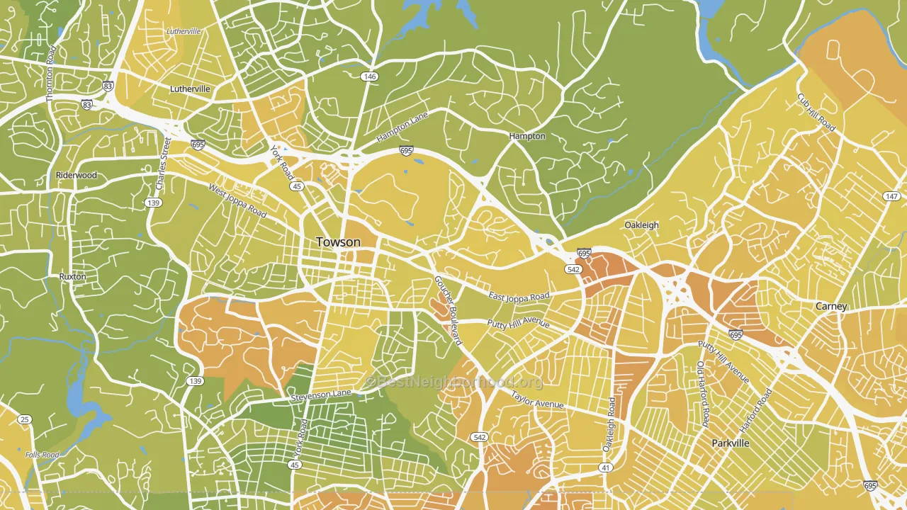 Map of the best neighborhoods in the 21286 area, with better matches in green and worse matches in red