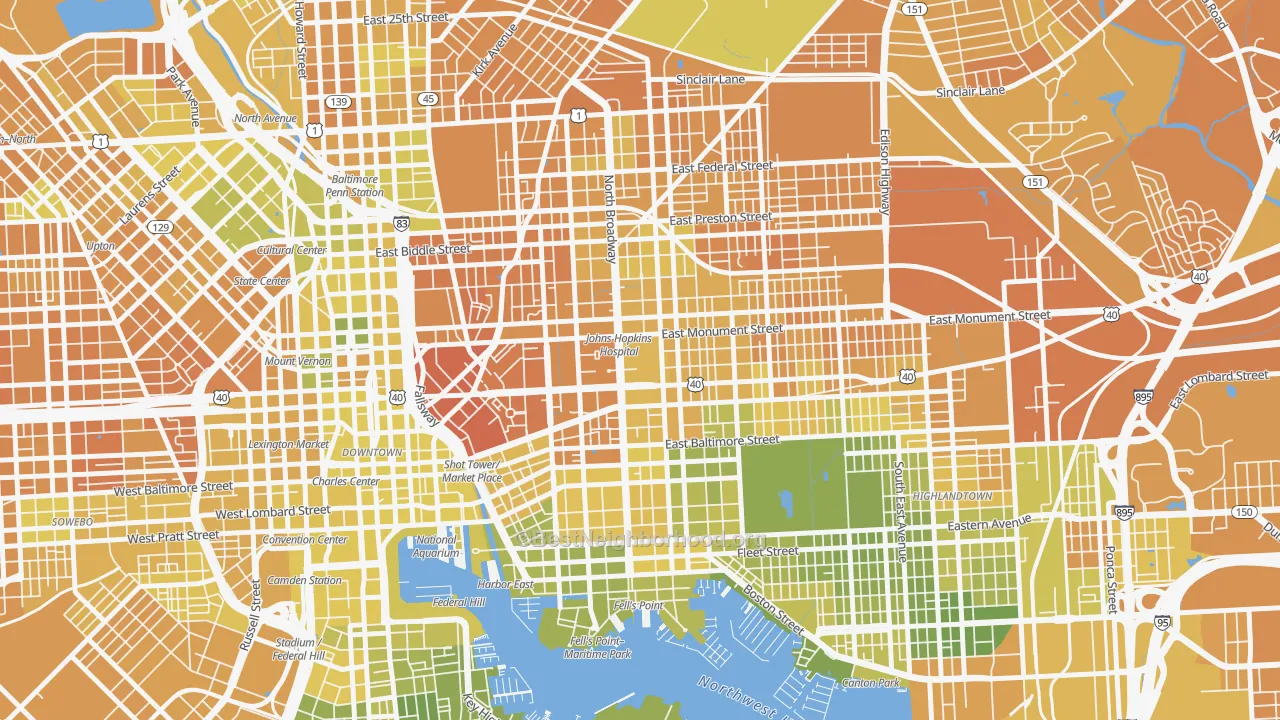 Map of the best neighborhoods in the 21287 area, with better matches in green and worse matches in red