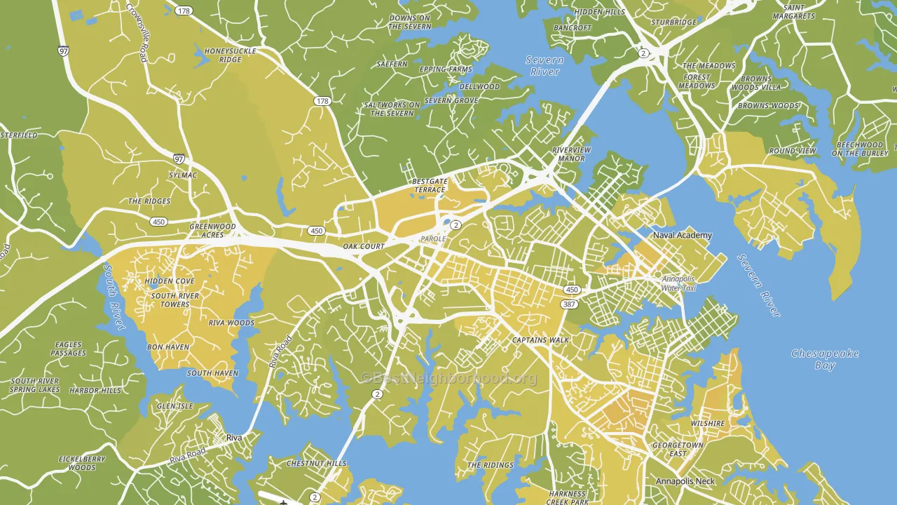 Map of the best neighborhoods in the 21401 area, with better matches in green and worse matches in red