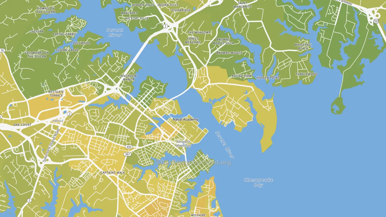 Map of the best neighborhoods in the 21402 area, with better matches in green and worse matches in red
