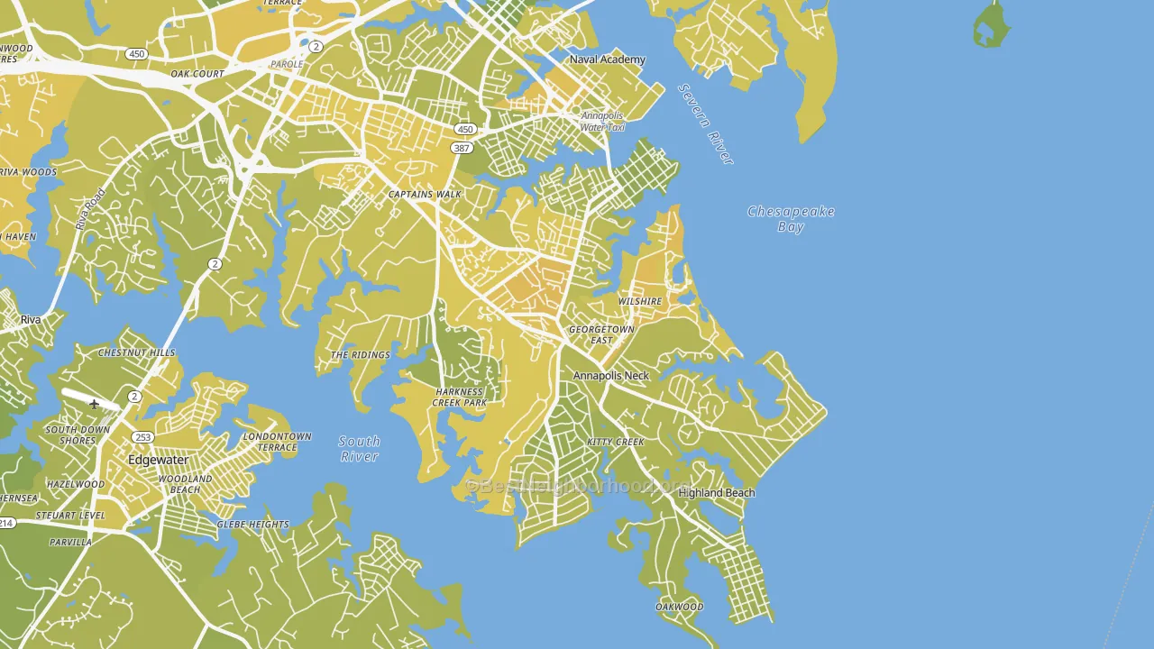 Map of the best neighborhoods in the 21403 area, with better matches in green and worse matches in red