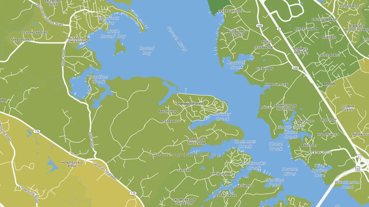 Map of the best neighborhoods in the 21405 area, with better matches in green and worse matches in red