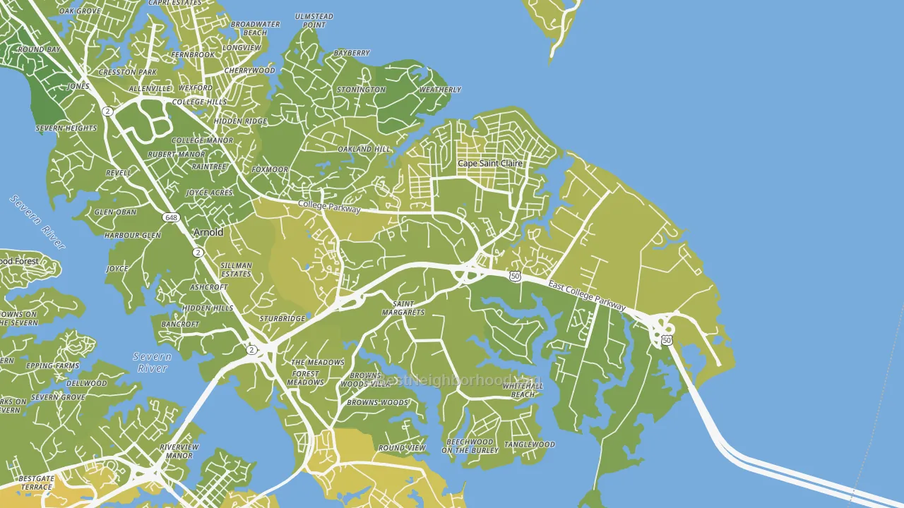 Map of the best neighborhoods in the 21409 area, with better matches in green and worse matches in red