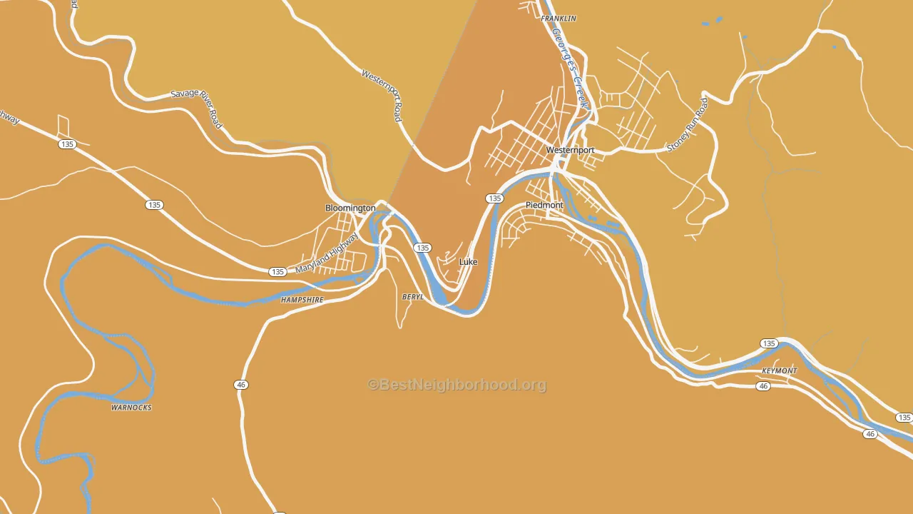 Map of the best neighborhoods in the 21540 area, with better matches in green and worse matches in red