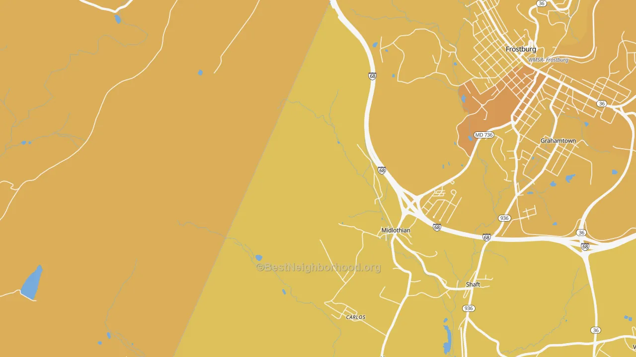 Map of the best neighborhoods in the 21543 area, with better matches in green and worse matches in red