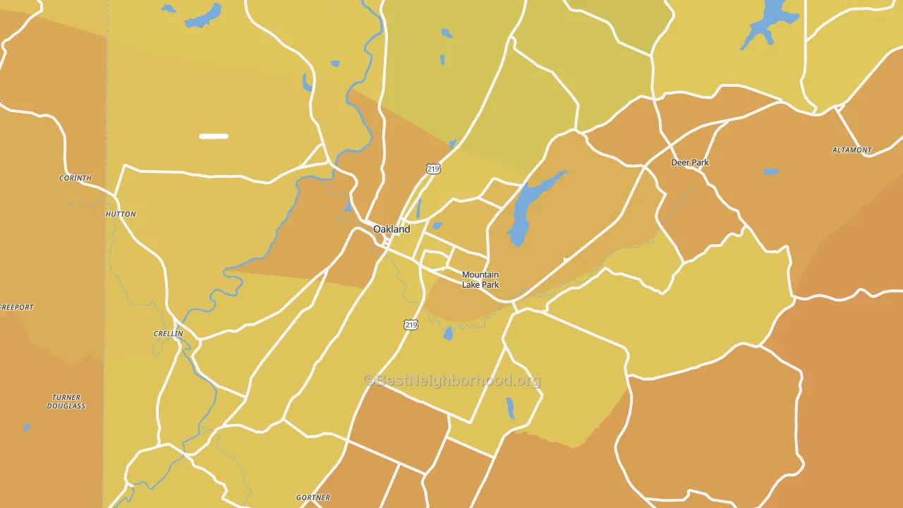 Map of the best neighborhoods in the 21550 area, with better matches in green and worse matches in red