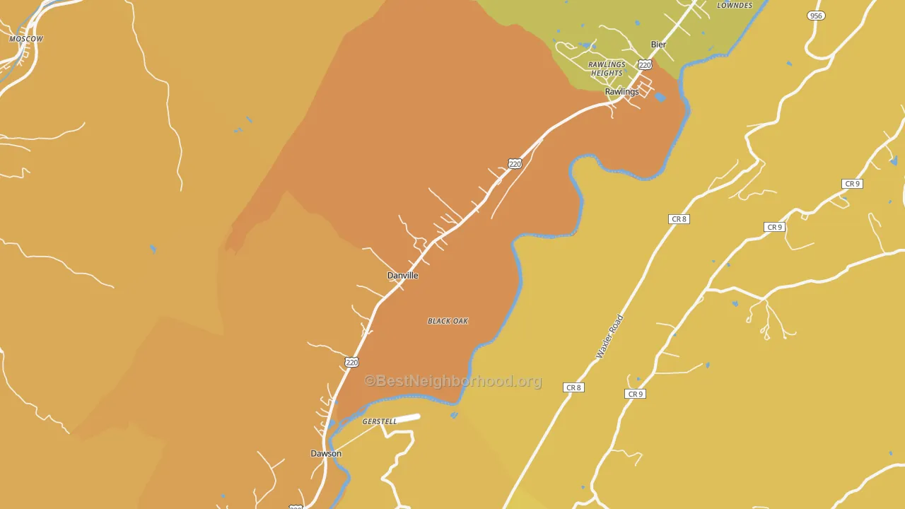 Map of the best neighborhoods in the 21557 area, with better matches in green and worse matches in red